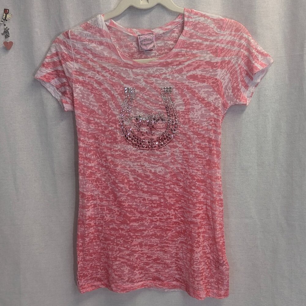 Cowgirl Hardware Burnout Rhinestone Tee *Size XL (Small, See Below) Pink/White